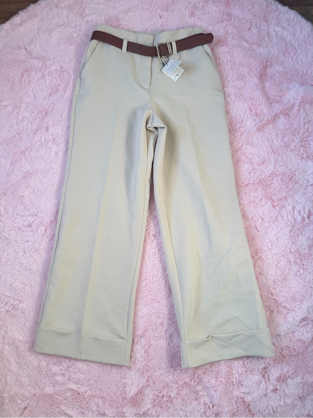 Zara Cream Wide-Leg High Waist Pants with Brown Belt